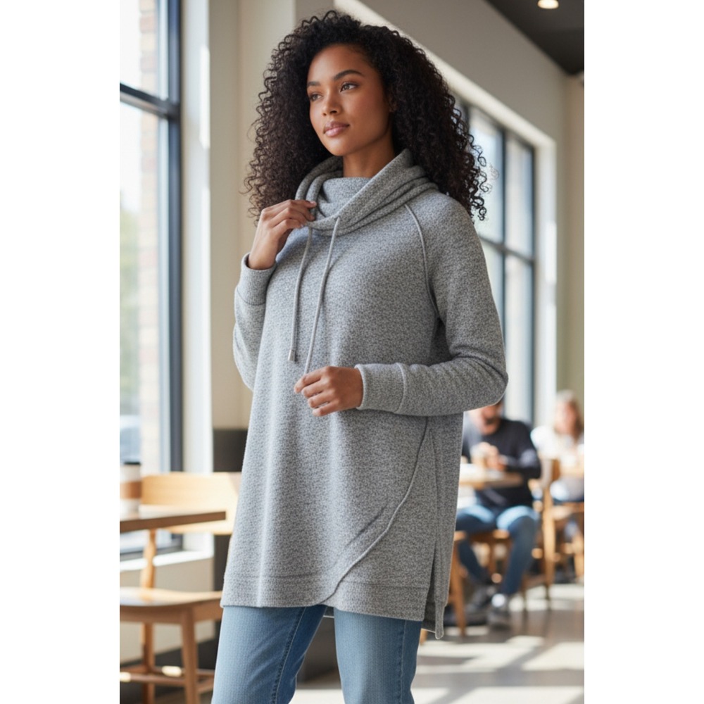 Chelsea Theodore Women Heathered Gray Cowl Neck Tunic Top Long Sleeve Size Large